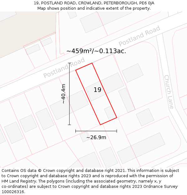 19, POSTLAND ROAD, CROWLAND, PETERBOROUGH, PE6 0JA: Plot and title map