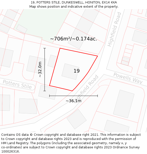 19, POTTERS STILE, DUNKESWELL, HONITON, EX14 4XA: Plot and title map