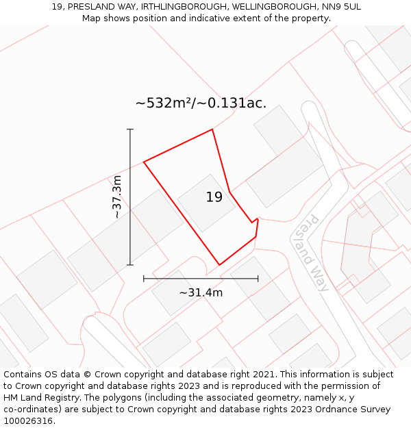 19, PRESLAND WAY, IRTHLINGBOROUGH, WELLINGBOROUGH, NN9 5UL: Plot and title map