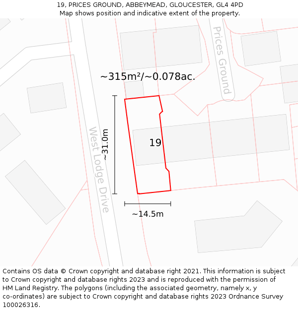 19, PRICES GROUND, ABBEYMEAD, GLOUCESTER, GL4 4PD: Plot and title map