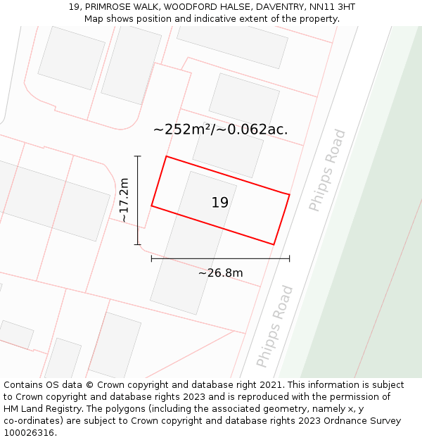19, PRIMROSE WALK, WOODFORD HALSE, DAVENTRY, NN11 3HT: Plot and title map