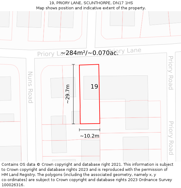 19, PRIORY LANE, SCUNTHORPE, DN17 1HS: Plot and title map