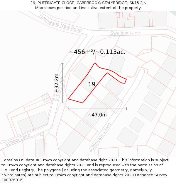 19, PUFFINGATE CLOSE, CARRBROOK, STALYBRIDGE, SK15 3JN: Plot and title map