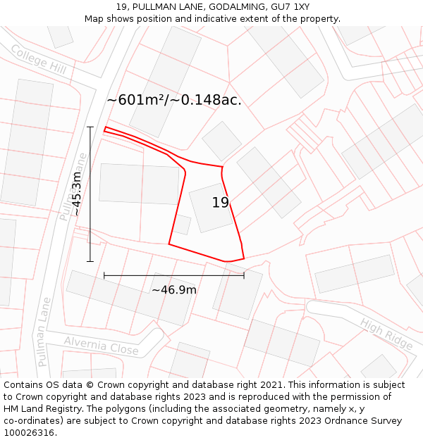 19, PULLMAN LANE, GODALMING, GU7 1XY: Plot and title map