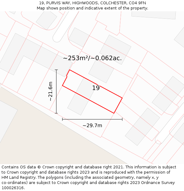19, PURVIS WAY, HIGHWOODS, COLCHESTER, CO4 9FN: Plot and title map