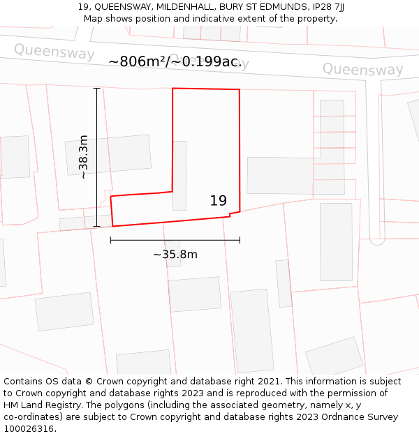 19, QUEENSWAY, MILDENHALL, BURY ST EDMUNDS, IP28 7JJ: Plot and title map