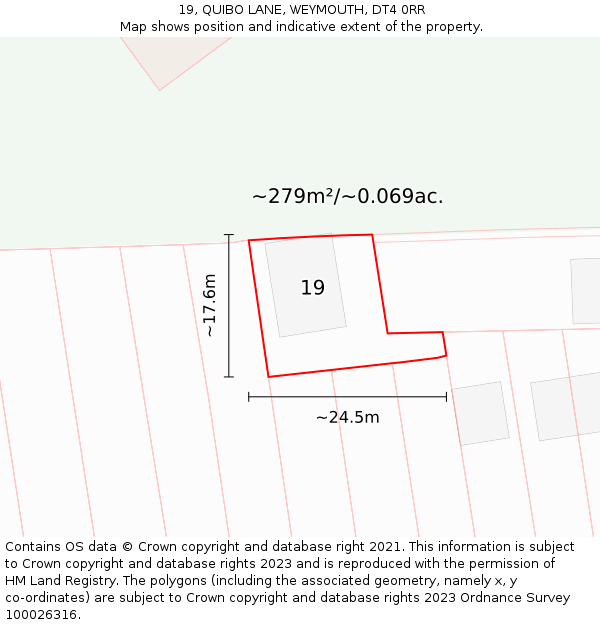 19, QUIBO LANE, WEYMOUTH, DT4 0RR: Plot and title map