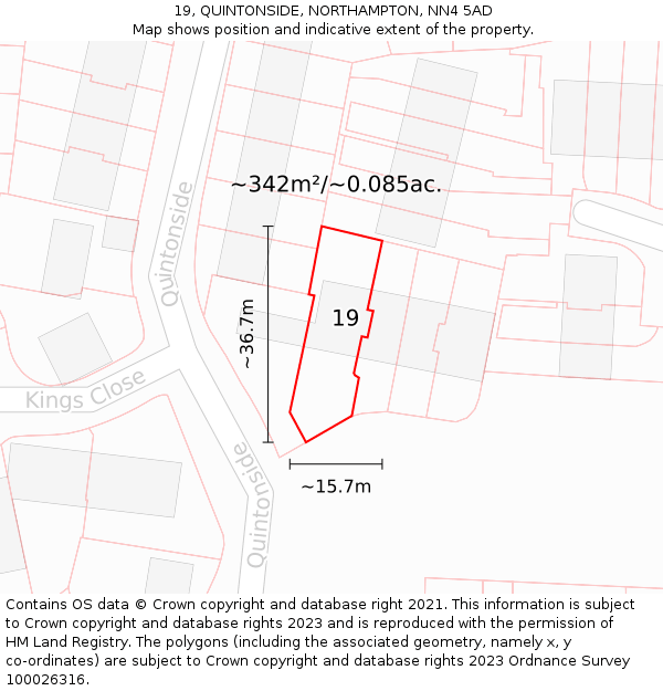 19, QUINTONSIDE, NORTHAMPTON, NN4 5AD: Plot and title map