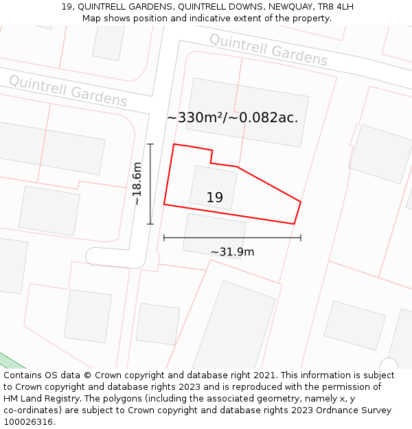 19, QUINTRELL GARDENS, QUINTRELL DOWNS, NEWQUAY, TR8 4LH: Plot and title map