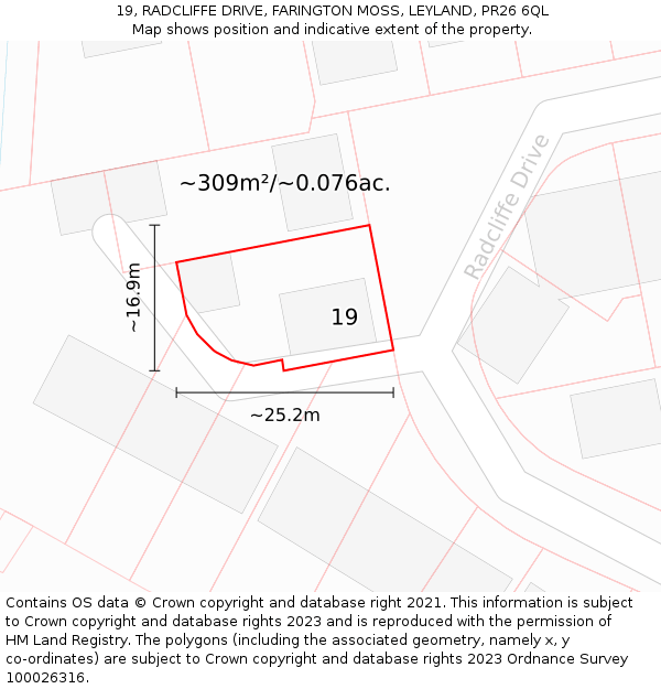 19, RADCLIFFE DRIVE, FARINGTON MOSS, LEYLAND, PR26 6QL: Plot and title map