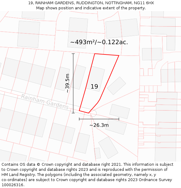 19, RAINHAM GARDENS, RUDDINGTON, NOTTINGHAM, NG11 6HX: Plot and title map