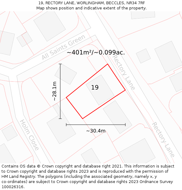 19, RECTORY LANE, WORLINGHAM, BECCLES, NR34 7RF: Plot and title map