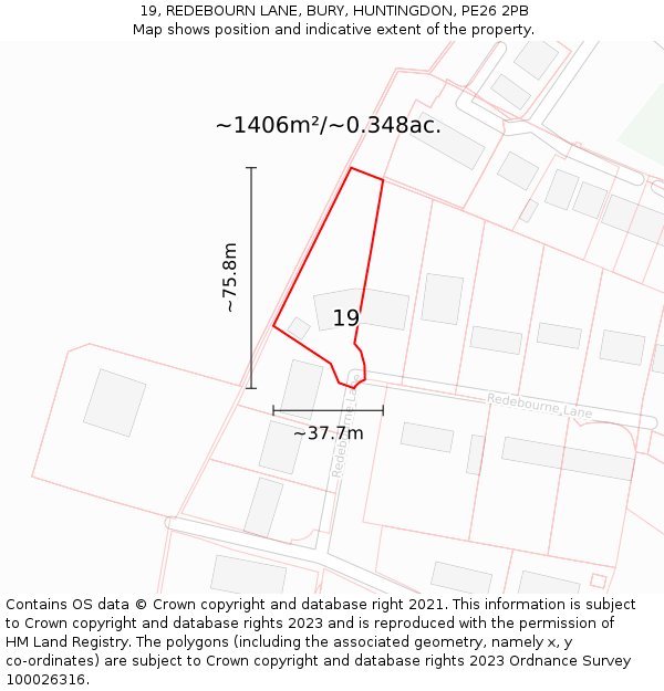 19, REDEBOURN LANE, BURY, HUNTINGDON, PE26 2PB: Plot and title map