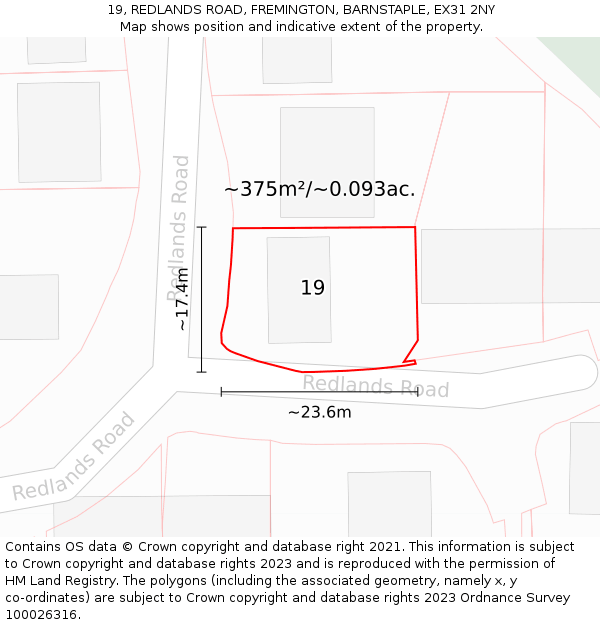 19, REDLANDS ROAD, FREMINGTON, BARNSTAPLE, EX31 2NY: Plot and title map