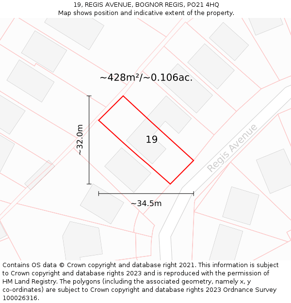 19, REGIS AVENUE, BOGNOR REGIS, PO21 4HQ: Plot and title map