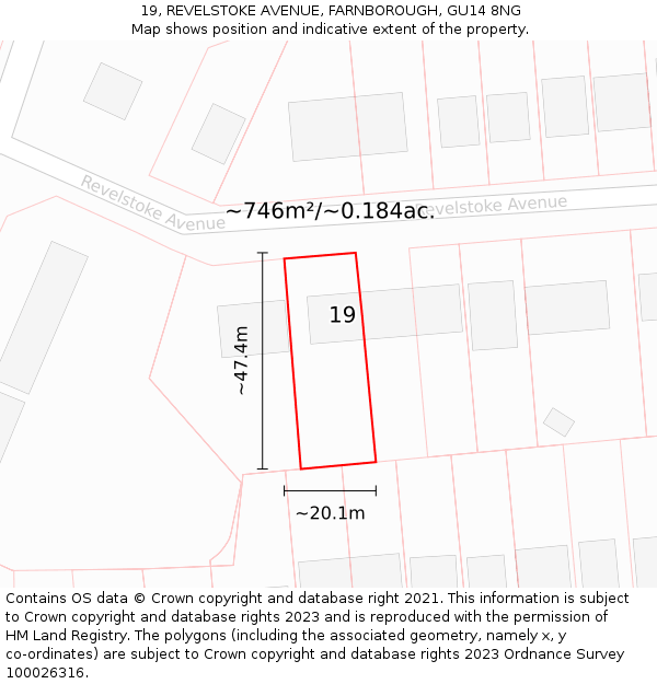 19, REVELSTOKE AVENUE, FARNBOROUGH, GU14 8NG: Plot and title map