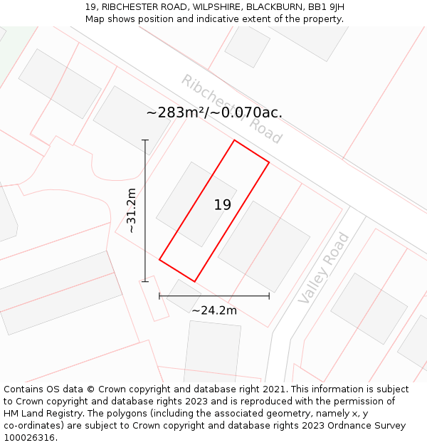 19, RIBCHESTER ROAD, WILPSHIRE, BLACKBURN, BB1 9JH: Plot and title map