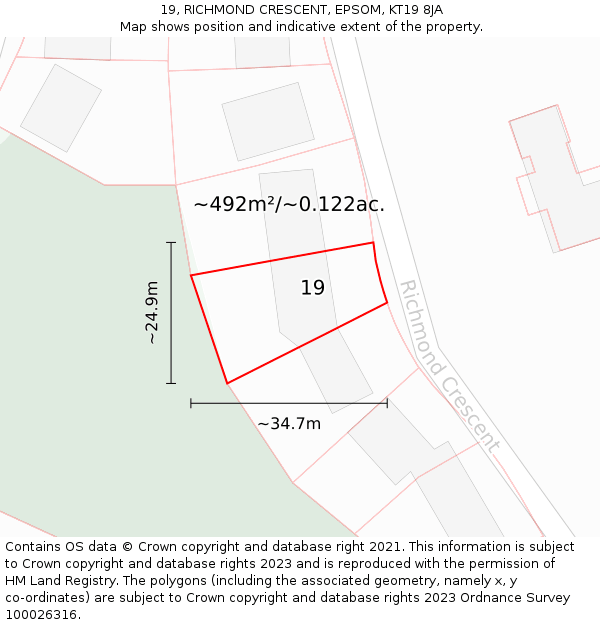 19, RICHMOND CRESCENT, EPSOM, KT19 8JA: Plot and title map