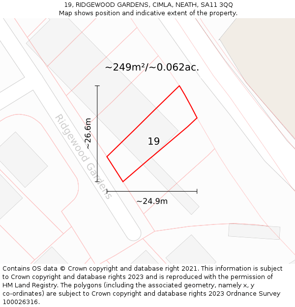 19, RIDGEWOOD GARDENS, CIMLA, NEATH, SA11 3QQ: Plot and title map