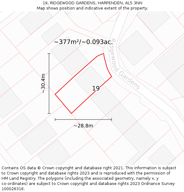 19, RIDGEWOOD GARDENS, HARPENDEN, AL5 3NN: Plot and title map