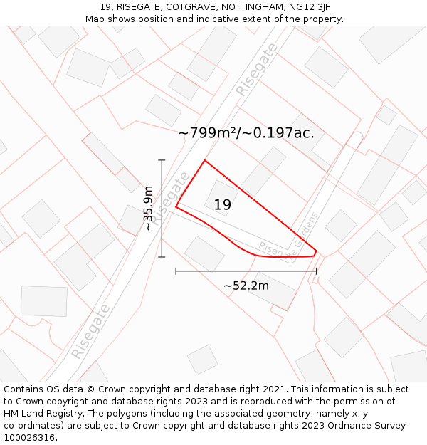 19, RISEGATE, COTGRAVE, NOTTINGHAM, NG12 3JF: Plot and title map