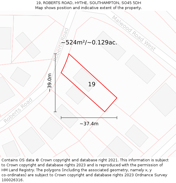 19, ROBERTS ROAD, HYTHE, SOUTHAMPTON, SO45 5DH: Plot and title map