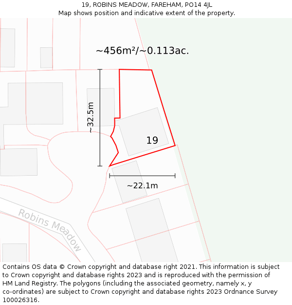 19, ROBINS MEADOW, FAREHAM, PO14 4JL: Plot and title map