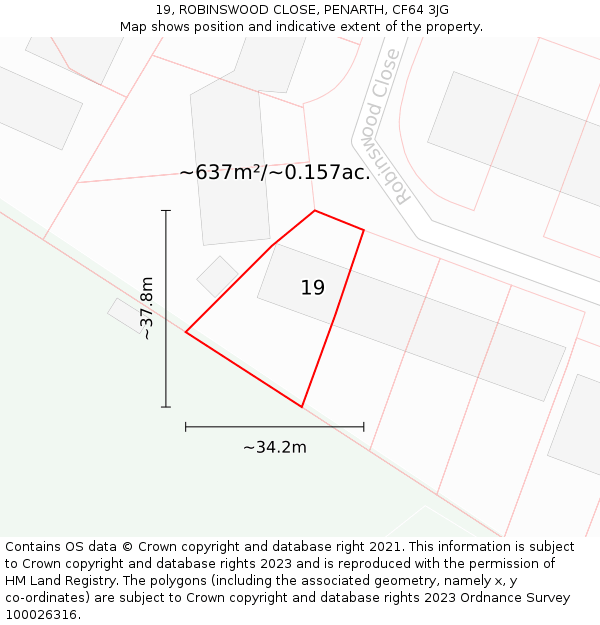 19, ROBINSWOOD CLOSE, PENARTH, CF64 3JG: Plot and title map