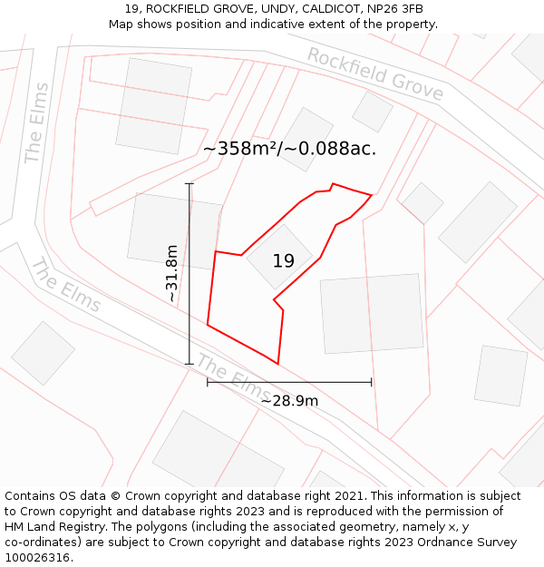 19, ROCKFIELD GROVE, UNDY, CALDICOT, NP26 3FB: Plot and title map