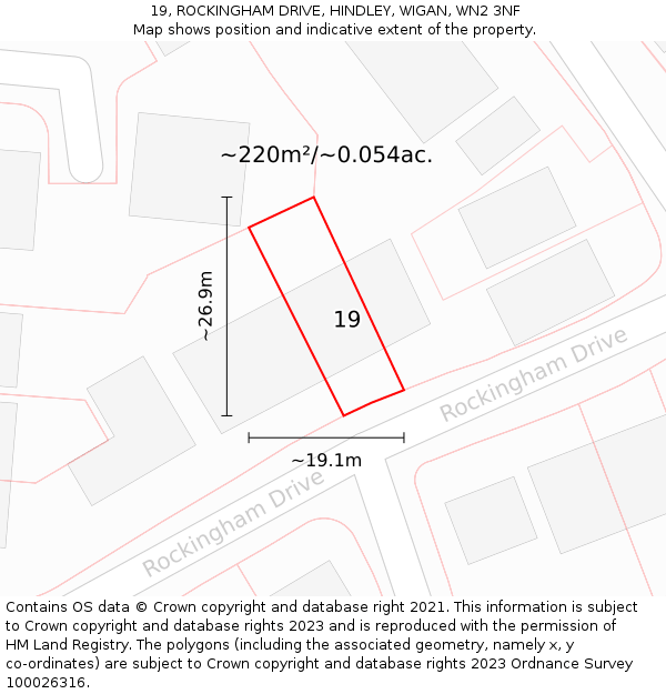 19, ROCKINGHAM DRIVE, HINDLEY, WIGAN, WN2 3NF: Plot and title map