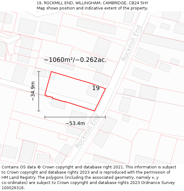 19, ROCKMILL END, WILLINGHAM, CAMBRIDGE, CB24 5HY: Plot and title map