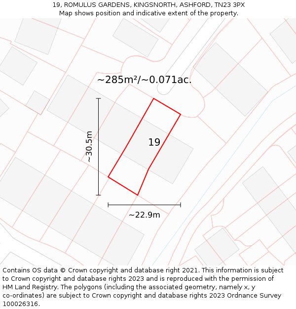19, ROMULUS GARDENS, KINGSNORTH, ASHFORD, TN23 3PX: Plot and title map