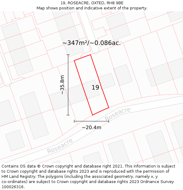 19, ROSEACRE, OXTED, RH8 9BE: Plot and title map