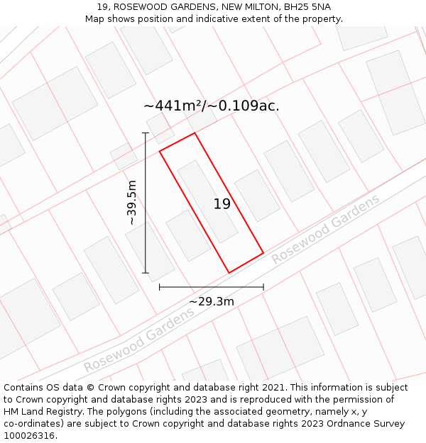 19, ROSEWOOD GARDENS, NEW MILTON, BH25 5NA: Plot and title map