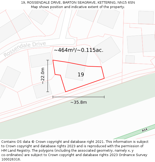 19, ROSSENDALE DRIVE, BARTON SEAGRAVE, KETTERING, NN15 6SN: Plot and title map