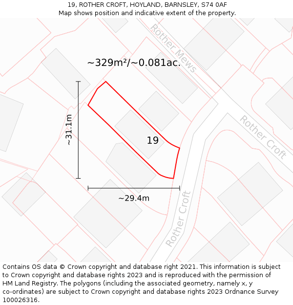 19, ROTHER CROFT, HOYLAND, BARNSLEY, S74 0AF: Plot and title map