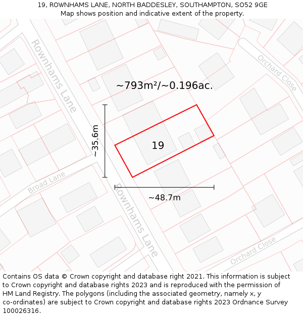 19, ROWNHAMS LANE, NORTH BADDESLEY, SOUTHAMPTON, SO52 9GE: Plot and title map