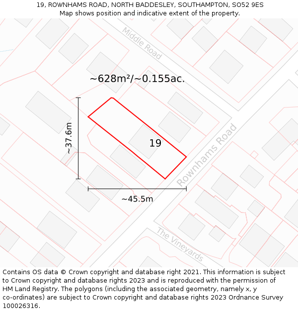 19, ROWNHAMS ROAD, NORTH BADDESLEY, SOUTHAMPTON, SO52 9ES: Plot and title map