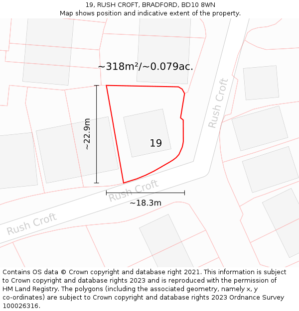19, RUSH CROFT, BRADFORD, BD10 8WN: Plot and title map