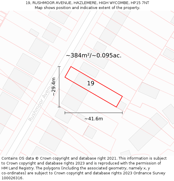 19, RUSHMOOR AVENUE, HAZLEMERE, HIGH WYCOMBE, HP15 7NT: Plot and title map