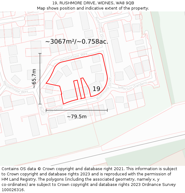 19, RUSHMORE DRIVE, WIDNES, WA8 9QB: Plot and title map