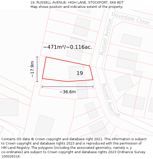 19, RUSSELL AVENUE, HIGH LANE, STOCKPORT, SK6 8DT: Plot and title map