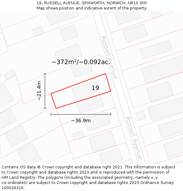 19, RUSSELL AVENUE, SPIXWORTH, NORWICH, NR10 3NY: Plot and title map