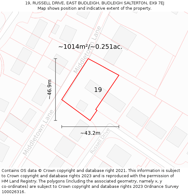 19, RUSSELL DRIVE, EAST BUDLEIGH, BUDLEIGH SALTERTON, EX9 7EJ: Plot and title map