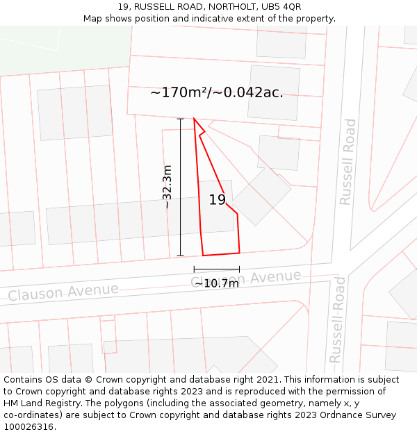 19, RUSSELL ROAD, NORTHOLT, UB5 4QR: Plot and title map