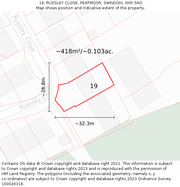 19, RUSSLEY CLOSE, PEATMOOR, SWINDON, SN5 5AG: Plot and title map