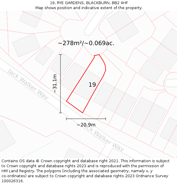 19, RYE GARDENS, BLACKBURN, BB2 4HF: Plot and title map