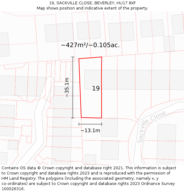 19, SACKVILLE CLOSE, BEVERLEY, HU17 8XF: Plot and title map