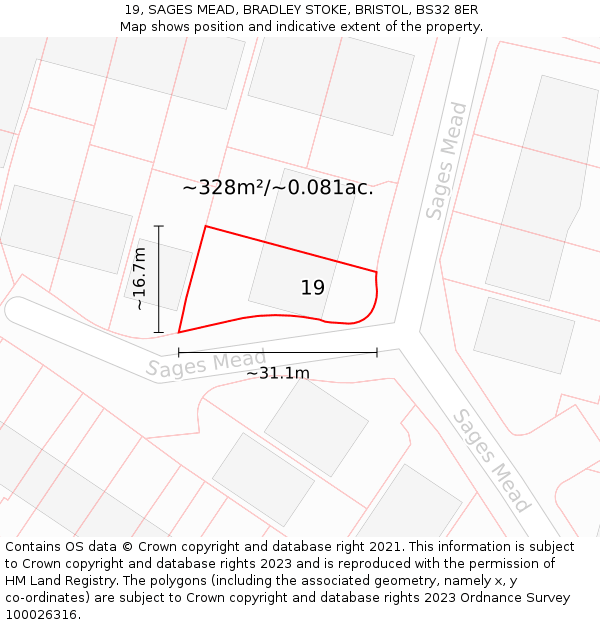 19, SAGES MEAD, BRADLEY STOKE, BRISTOL, BS32 8ER: Plot and title map