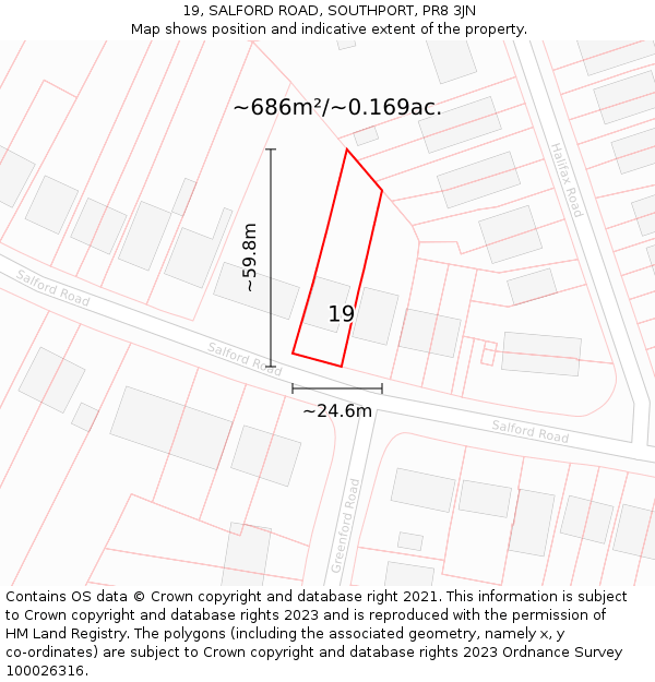 19, SALFORD ROAD, SOUTHPORT, PR8 3JN: Plot and title map